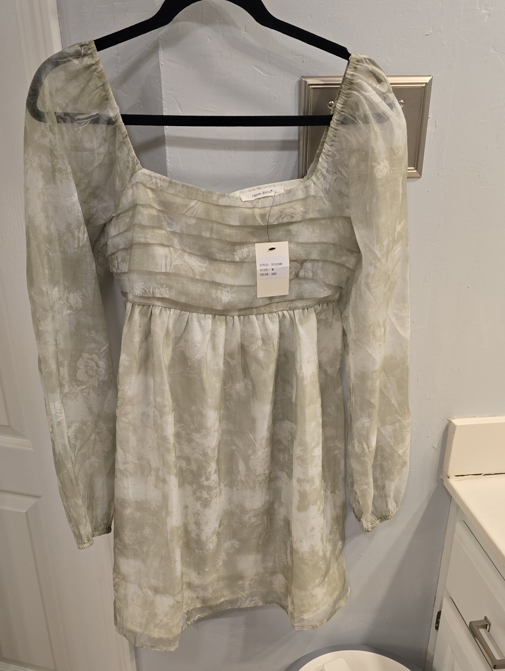 Light Green Tie-Dye Square Neck Long Sleeve Mini Dress